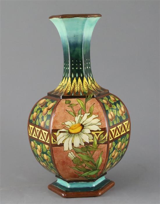 A Doulton Lambeth faience hexagonal baluster vase, c.1885, attributed to Mary Denley, 31cm